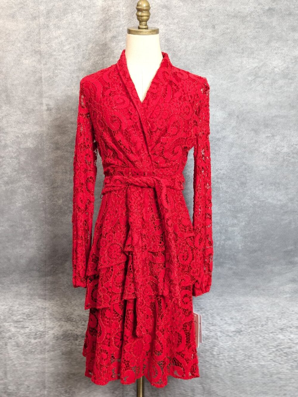 NWT Nanette Lepore Jester Red Lace Dress 4 Faux Wrap Ruffle Tiered Romantic